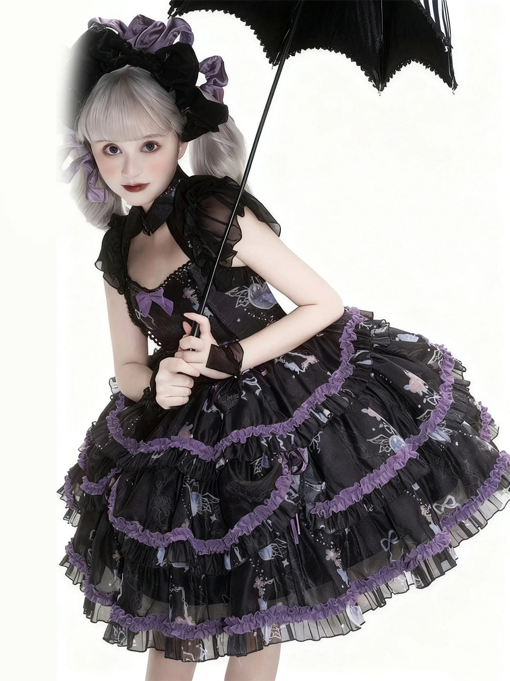 Gothic Lolita Purple Princess Black Ruffle Lace With Bow Cake Dress