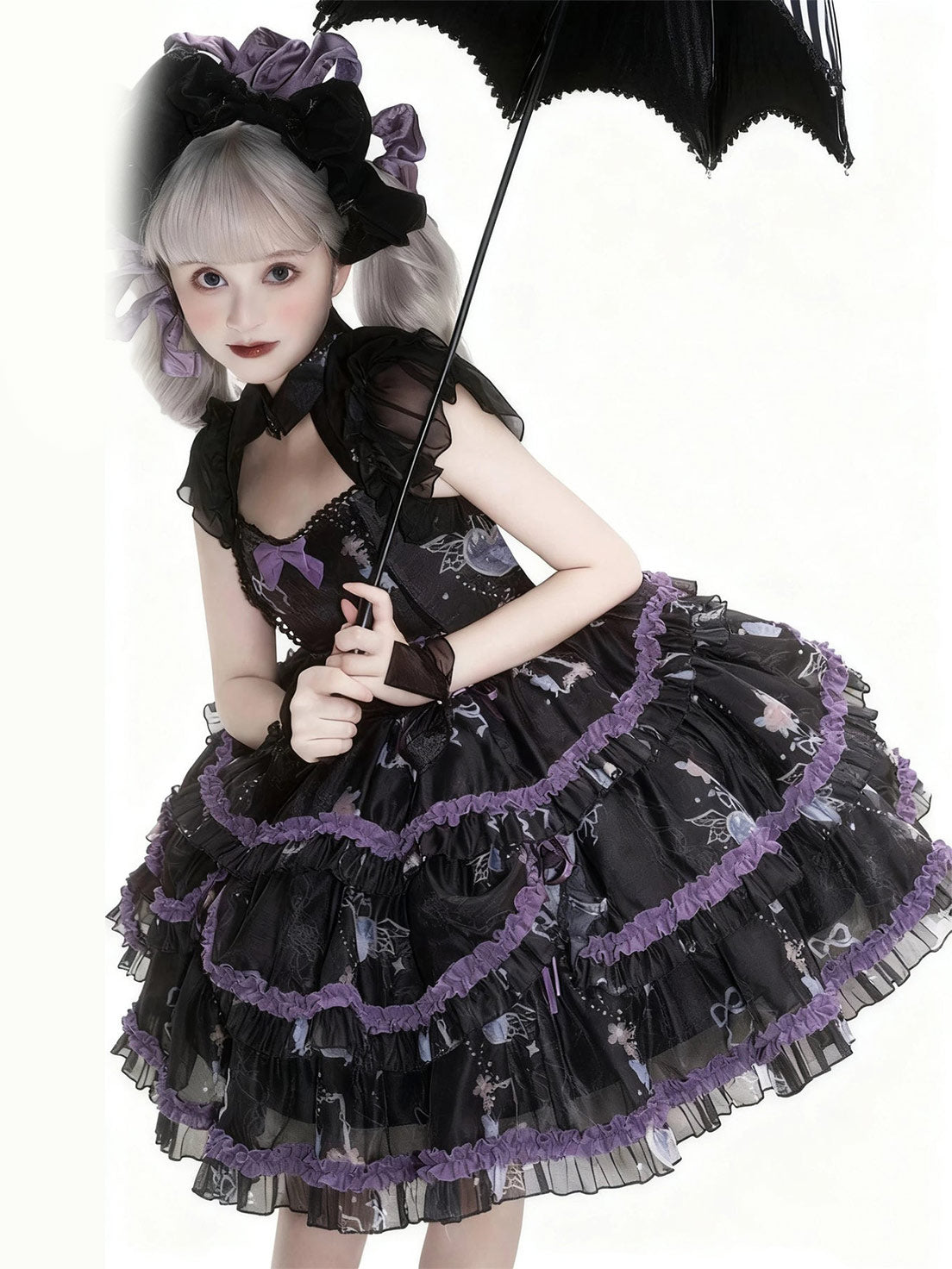 Gothic Lolita Purple Princess Black Ruffle Lace With Bow Cake Dress