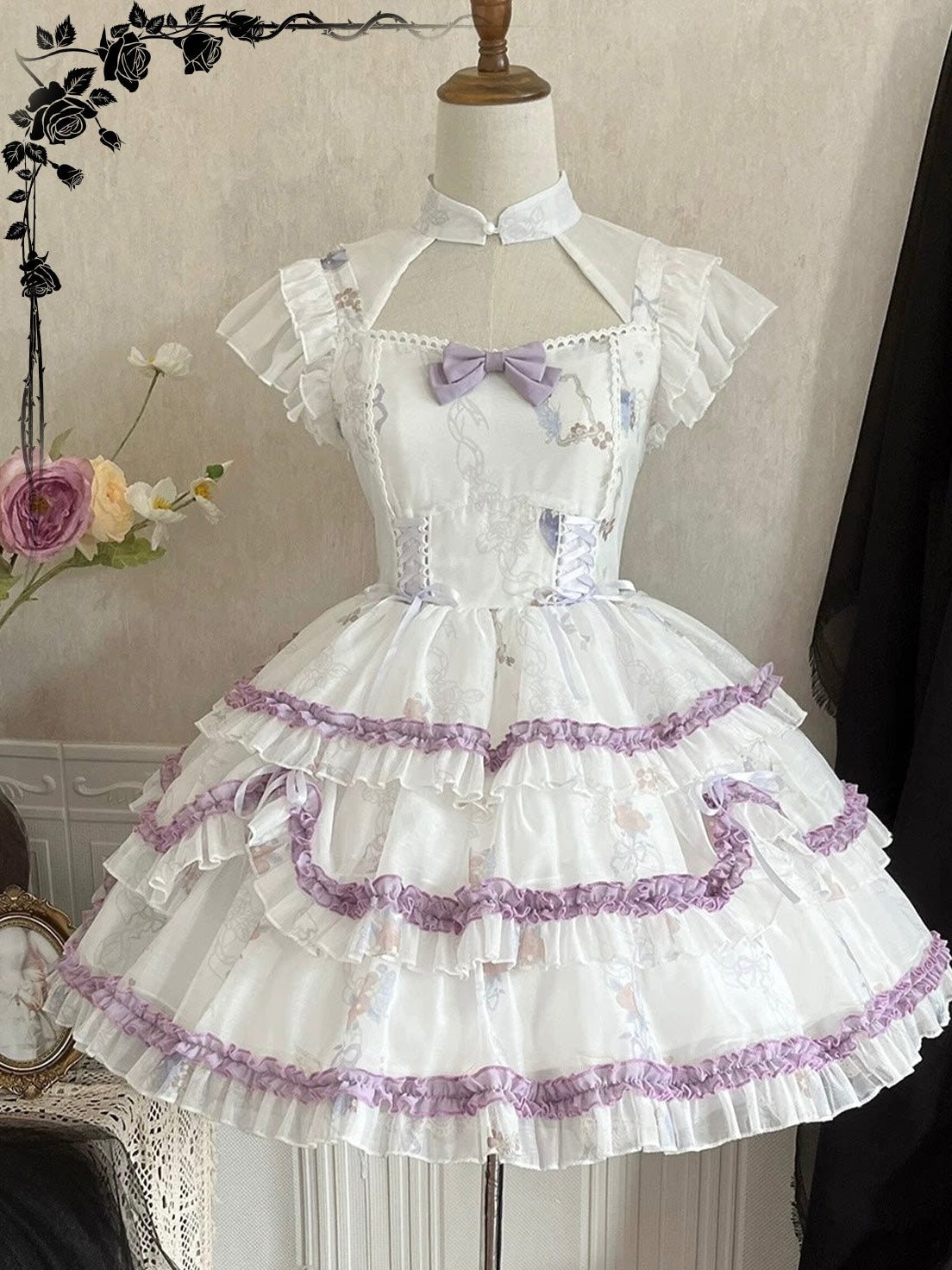 Gothic Lolita Purple Princess Black Ruffle Lace With Bow Cake Dress