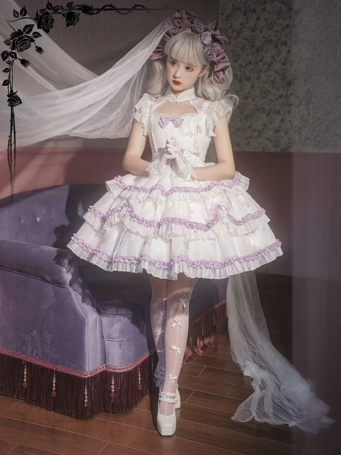 Gothic Lolita Purple Princess Black Ruffle Lace With Bow Cake Dress