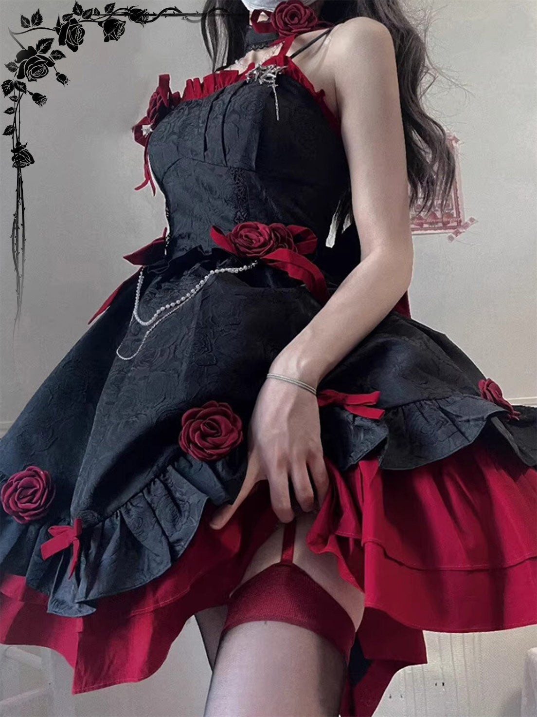 Gothic Lolita Red Black Rose Ball Gown Multi-layer Cake Dresses for Halloween