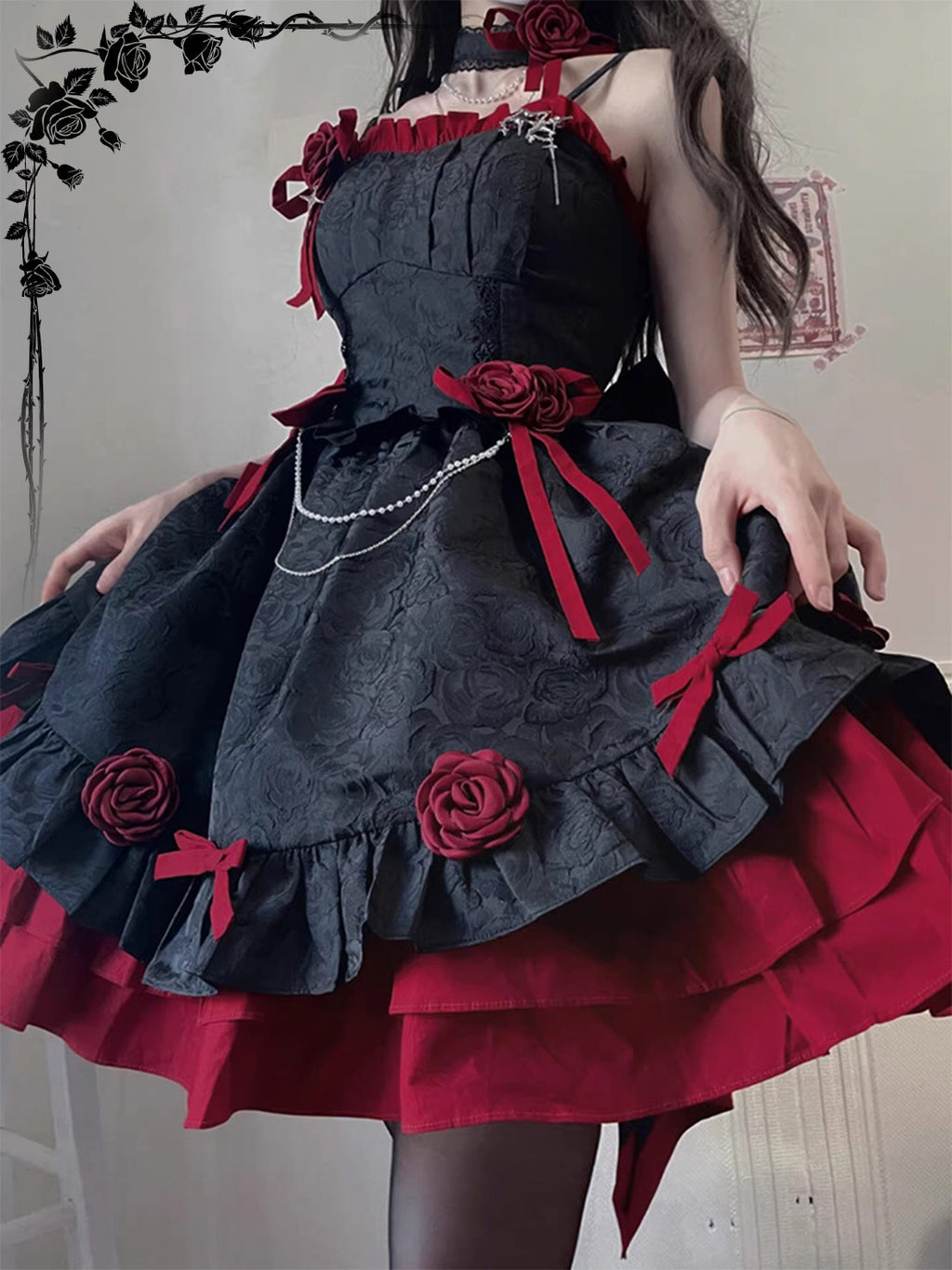Gothic Lolita Red Black Rose Ball Gown Multi-layer Cake Dresses for Halloween