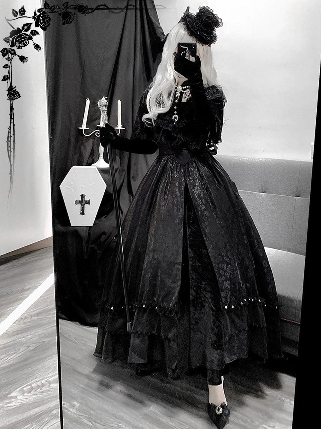 Gothic Lolita Vintage Black Maxi Witch Dress for Halloween Costume