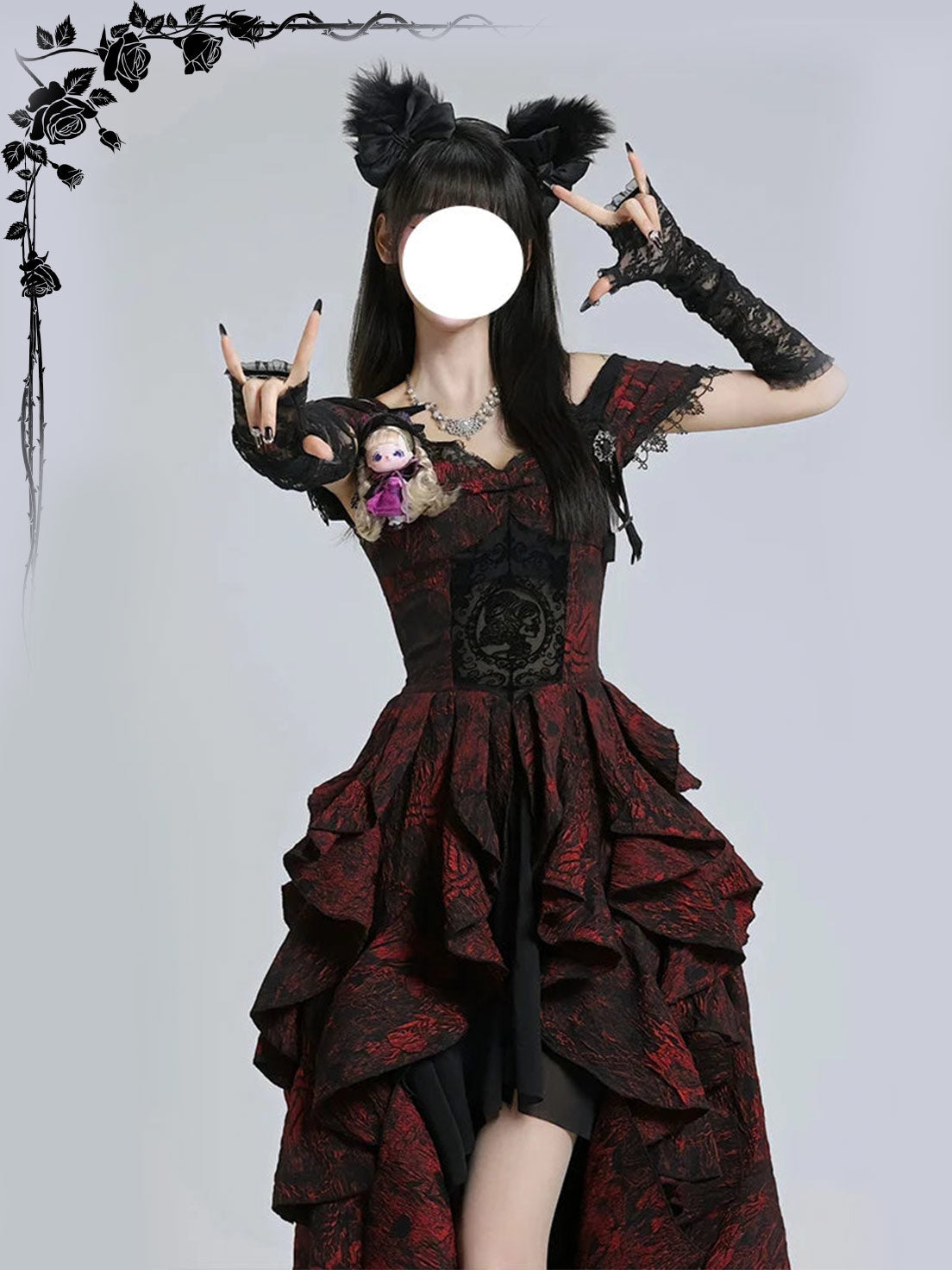 Gothic Prom Lolita Black and Red Jacquard Rose Pattern Bow Fluffy Princess