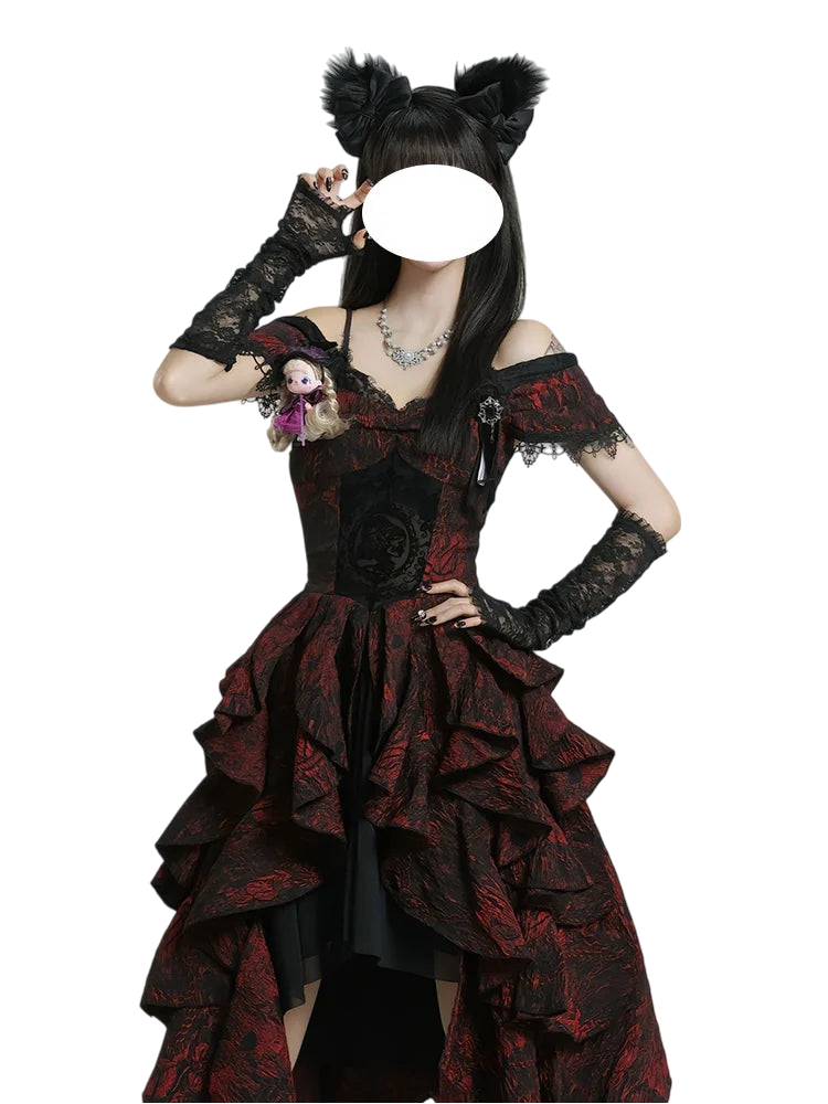 Gothic Prom Lolita Black and Red Jacquard Rose Pattern Bow Fluffy Princess