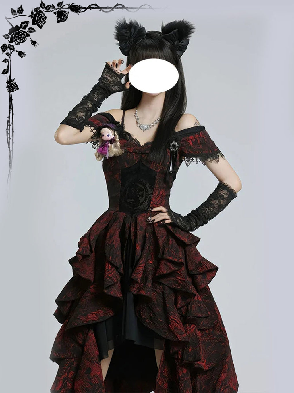 Gothic Prom Lolita Black and Red Jacquard Rose Pattern Bow Fluffy Princess