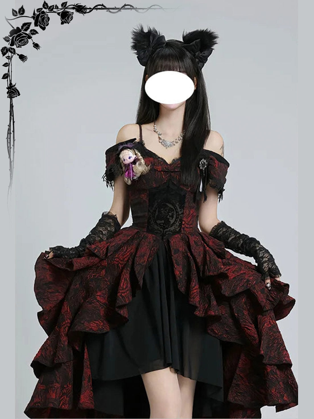 Gothic Prom Lolita Black and Red Jacquard Rose Pattern Bow Fluffy Princess