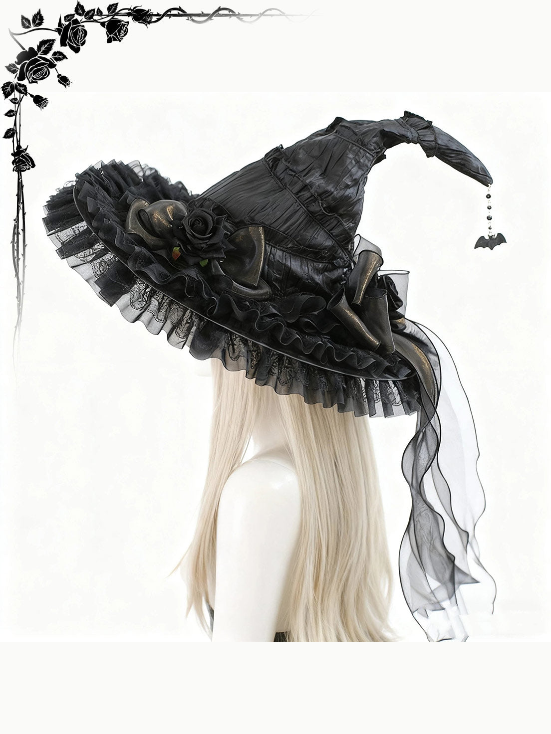 Lolita Accessories Goth Black Witch Hat Headgear Big Brim for Halloween