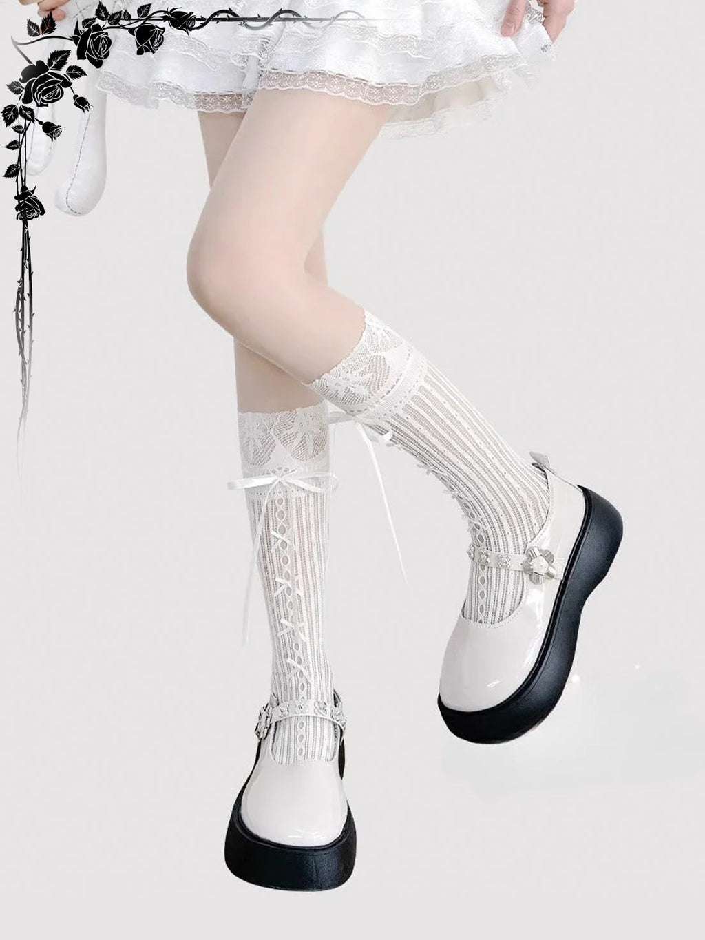 Lolita Accessories White Ballet Stockings Mary Janes Mid Calf Bow Socks 3 Colors