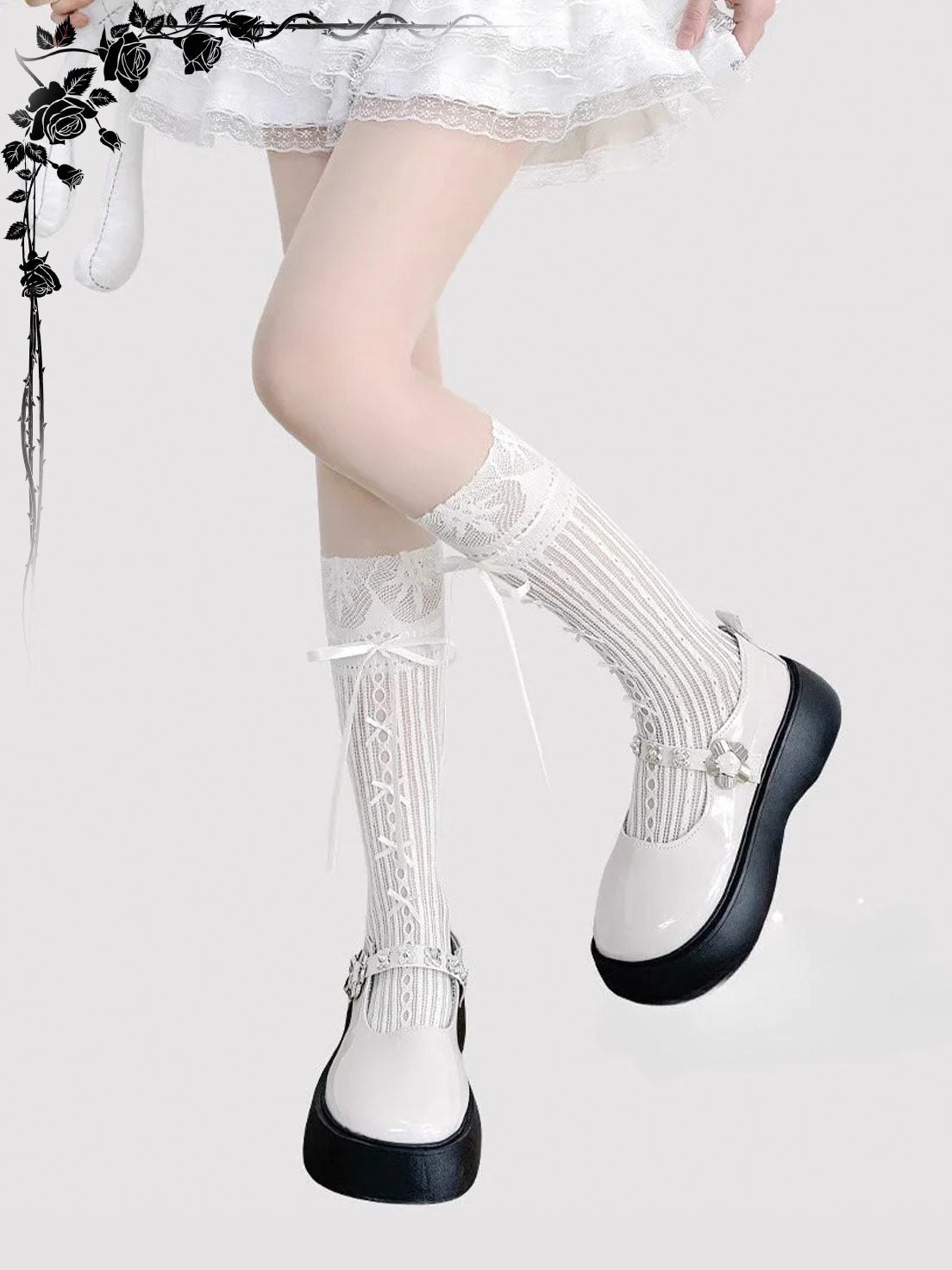 Lolita Accessories White Ballet Stockings Mary Janes Mid Calf Bow Socks 3 Colors