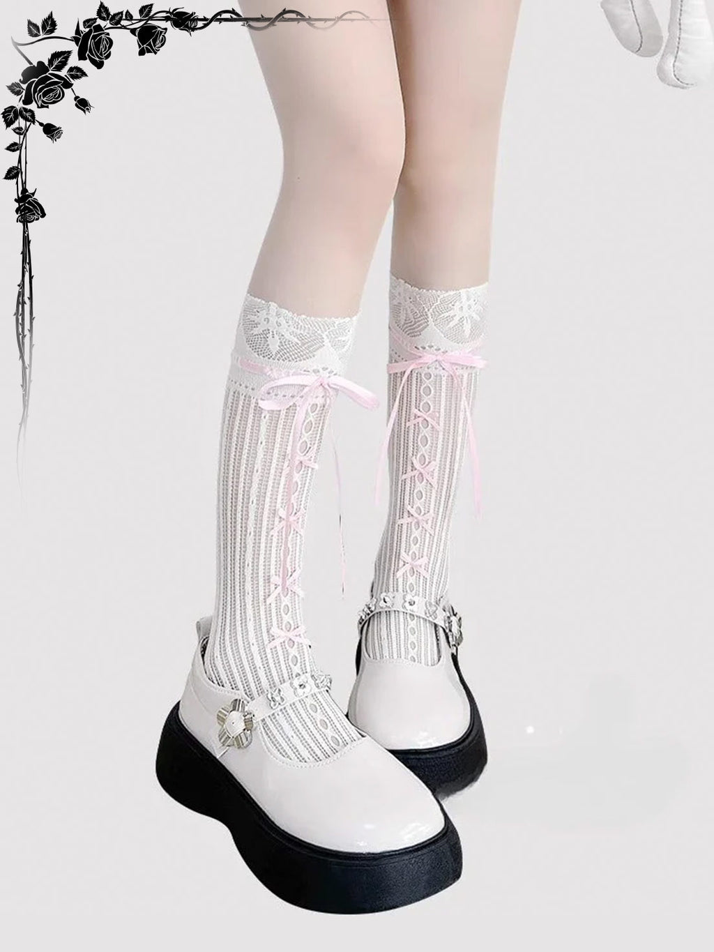 Lolita Accessories White Ballet Stockings Mary Janes Mid Calf Bow Socks 3 Colors