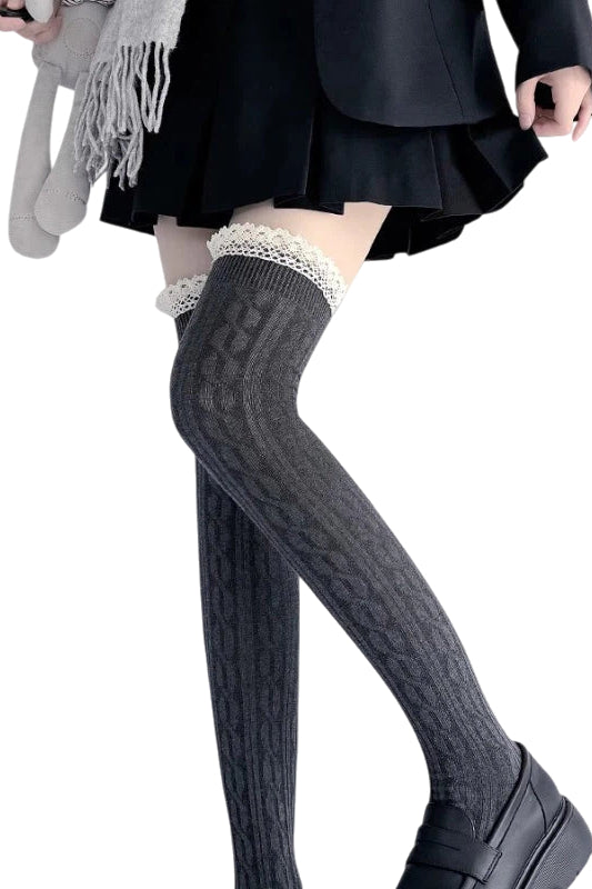 Lolita Accessories White Stockings Over-The-Knee Thick Knit Lace Socks 2 Colors