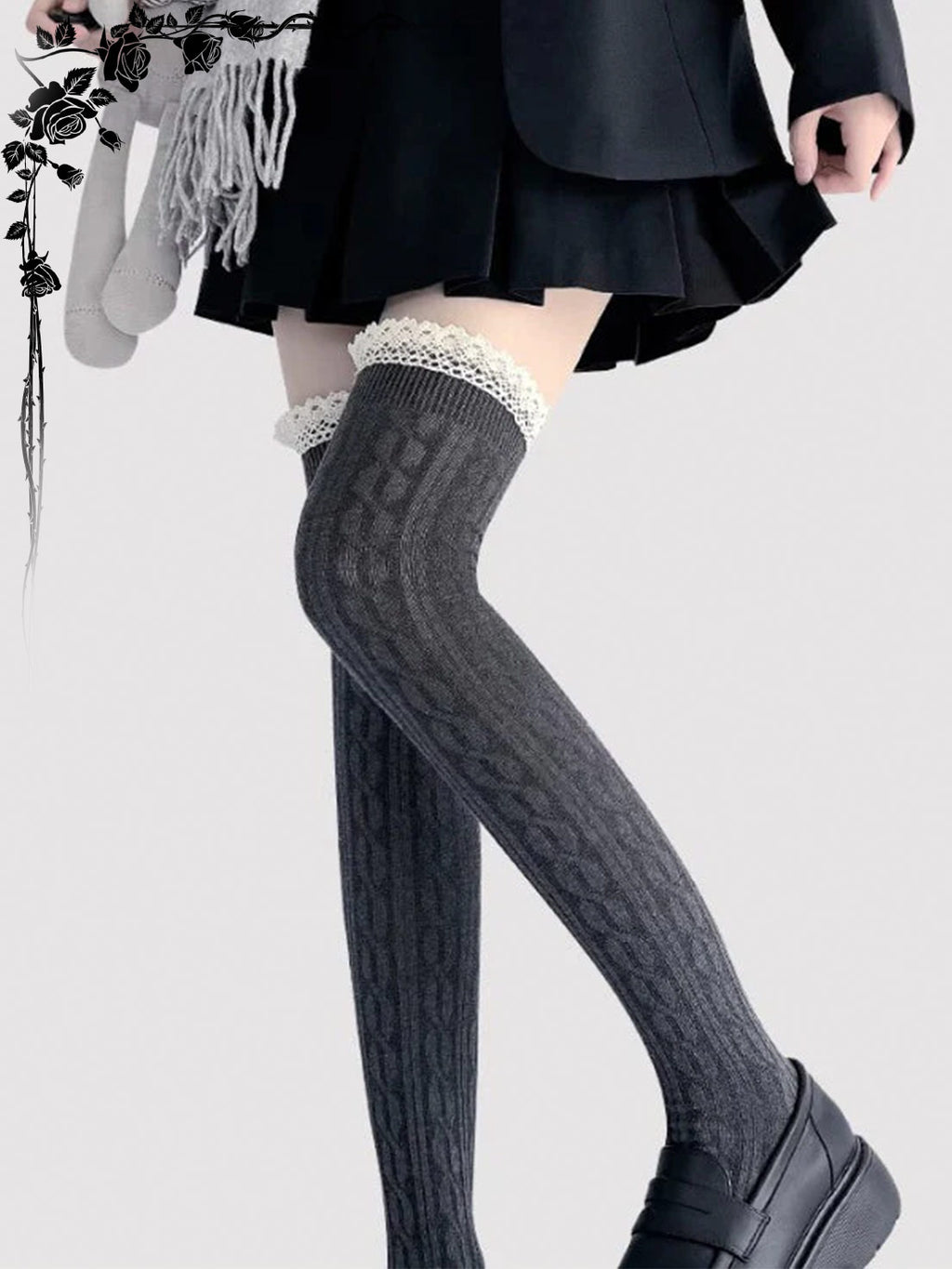 Lolita Accessories White Stockings Over-The-Knee Thick Knit Lace Socks 2 Colors