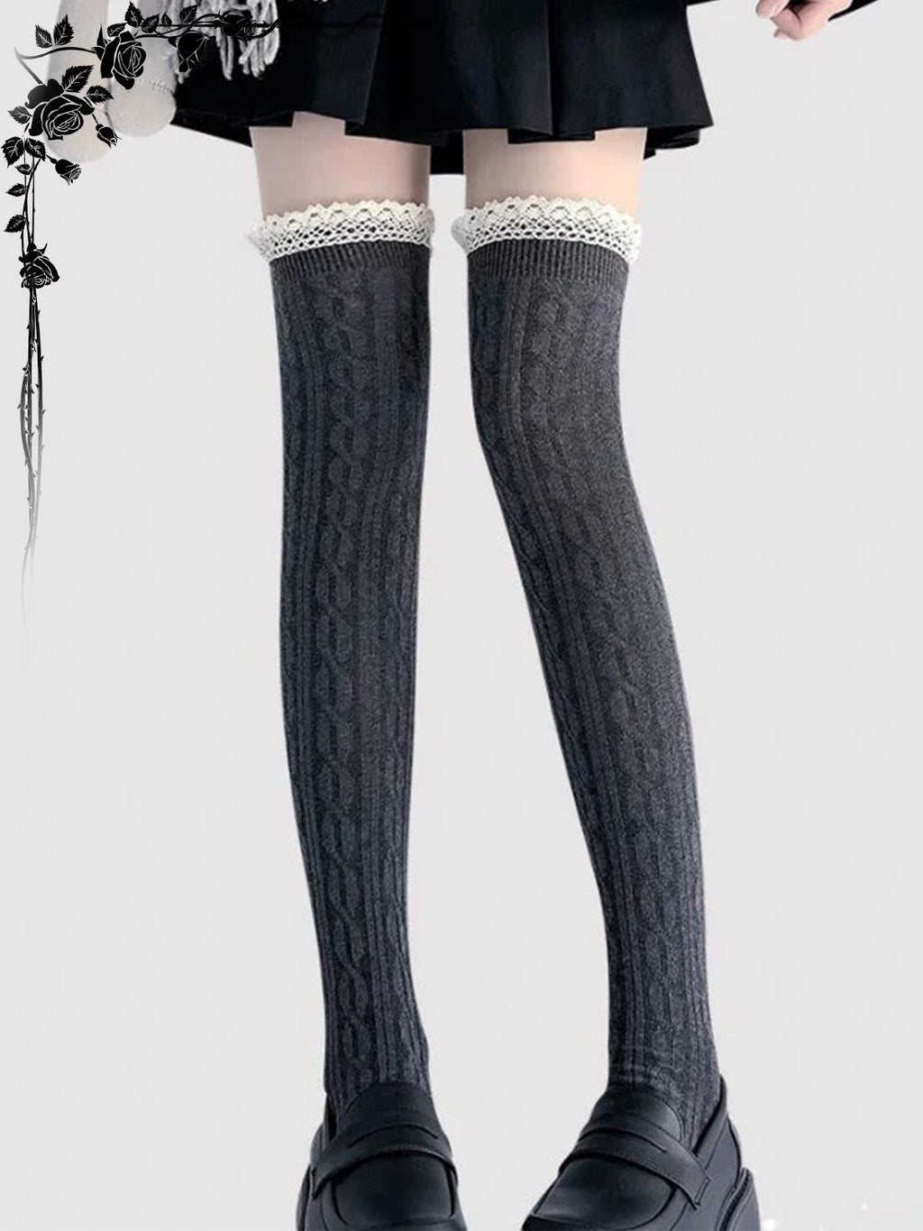Lolita Accessories White Stockings Over-The-Knee Thick Knit Lace Socks 2 Colors