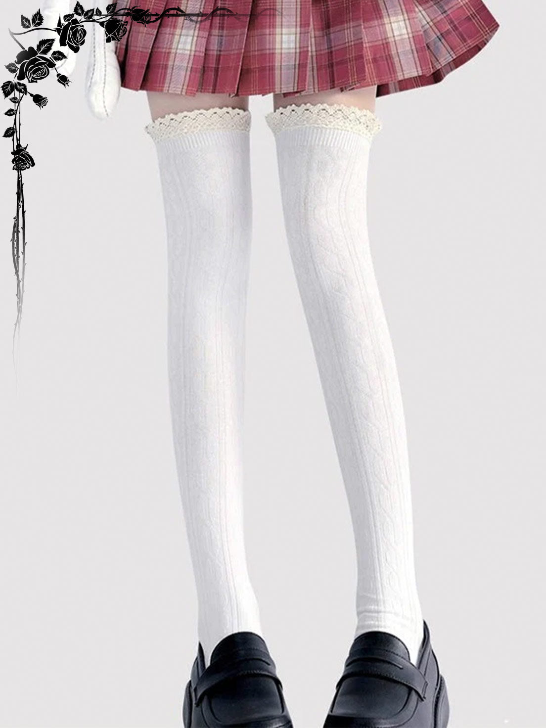 Lolita Accessories White Stockings Over-The-Knee Thick Knit Lace Socks 2 Colors