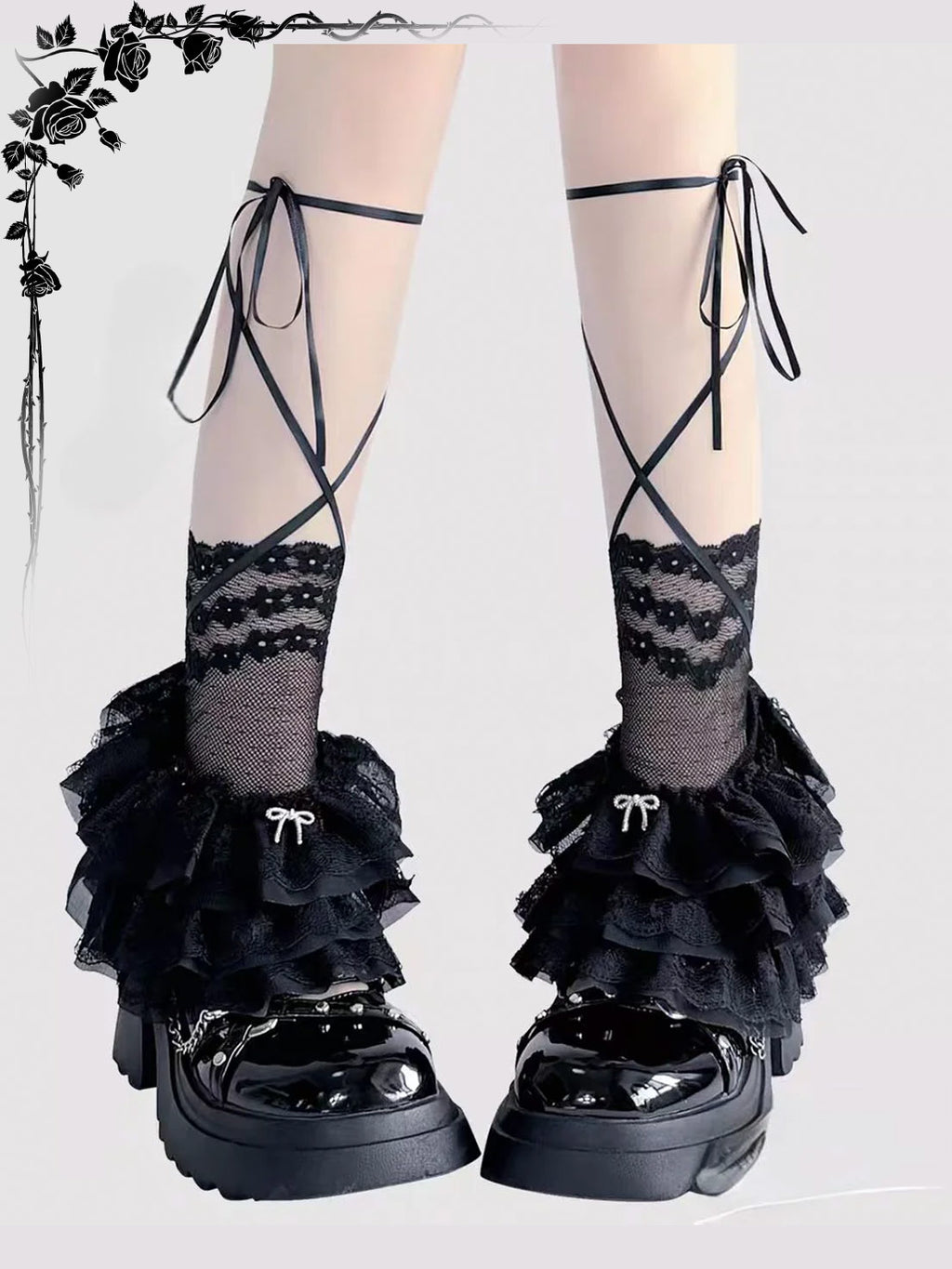 Lolita Accessories White Stockings Ribbon Tie Stacked Socks Lace Leg 3 Colors