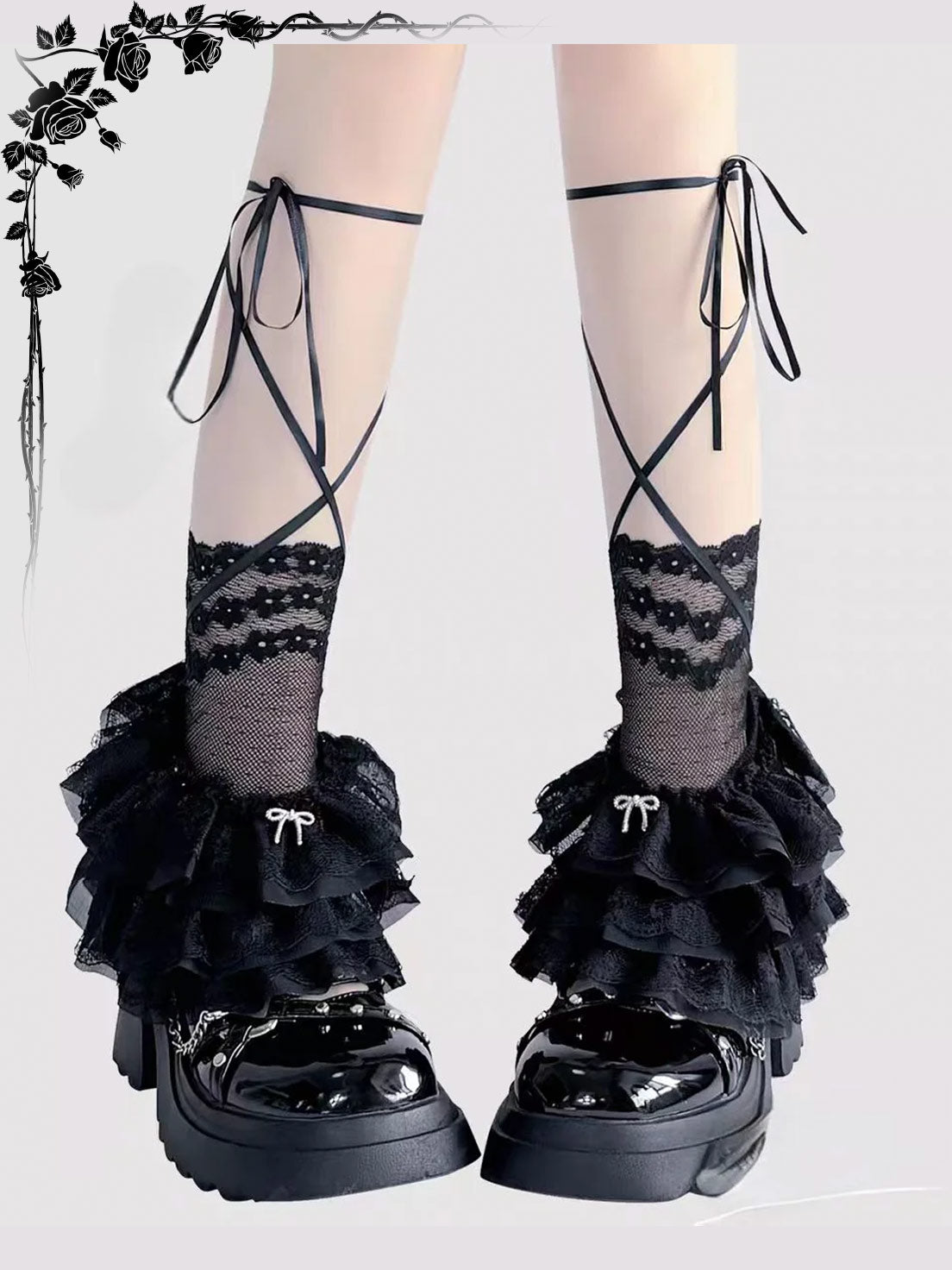 Lolita Accessories White Stockings Ribbon Tie Stacked Socks Lace Leg 3 Colors