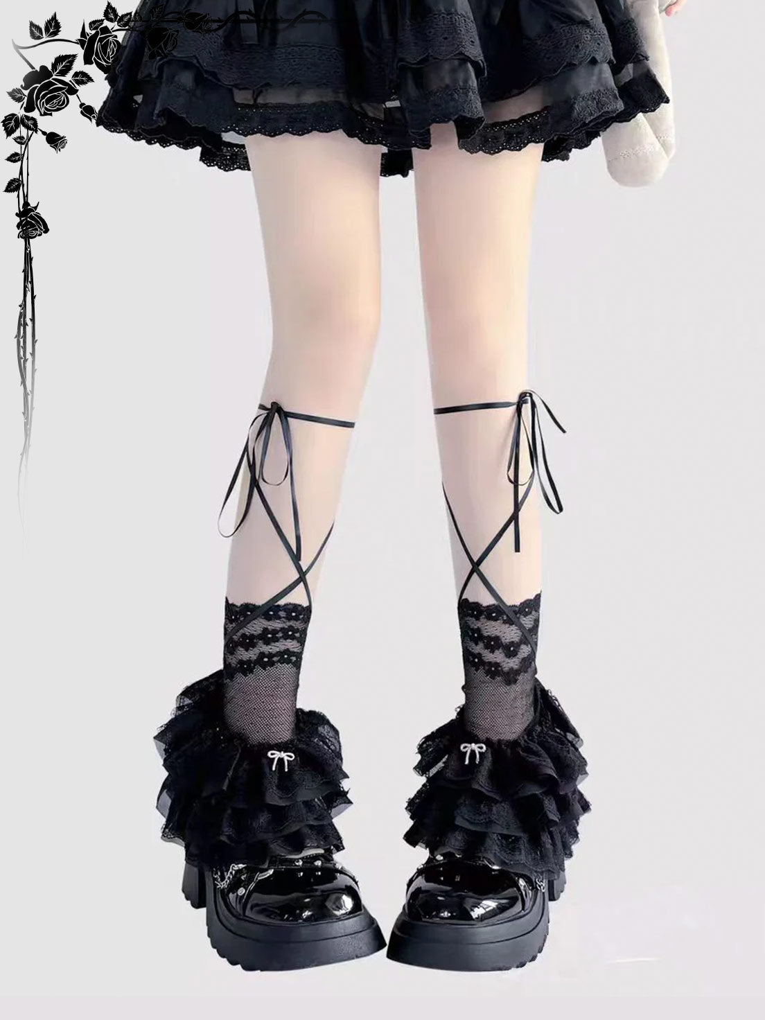 Lolita Accessories White Stockings Ribbon Tie Stacked Socks Lace Leg 3 Colors