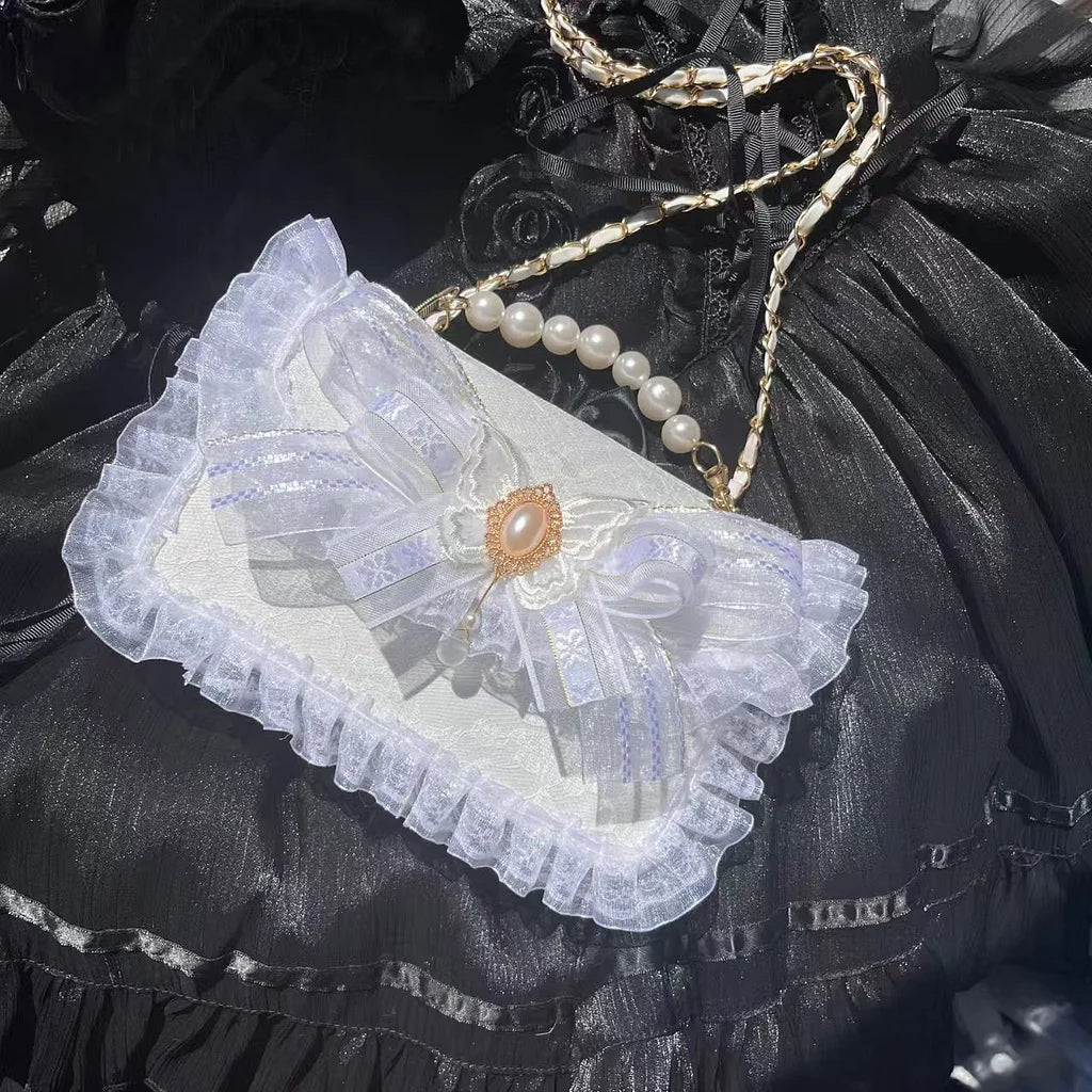 Lolita Bag Handmade Gothic Black Pearl Turn Embellished Lace Handbag Crossbody