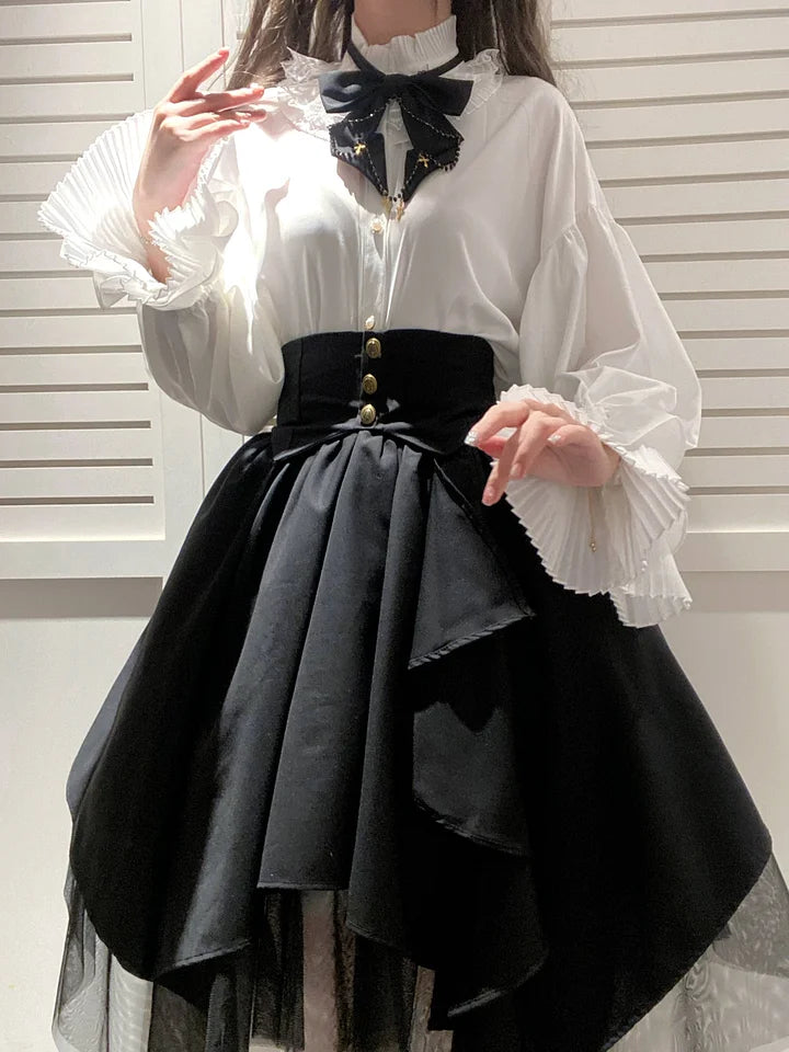 Goth Lolita Vintage White Black Irregular Set Dresses for Autumn