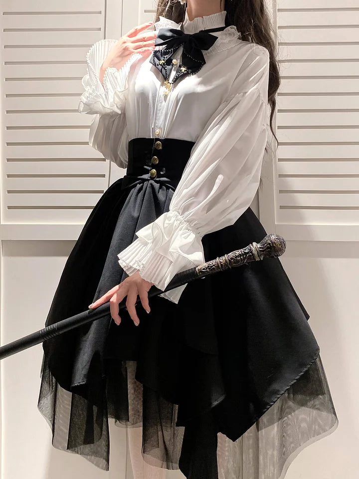 Goth Lolita Vintage White Black Irregular Set Dresses for Autumn