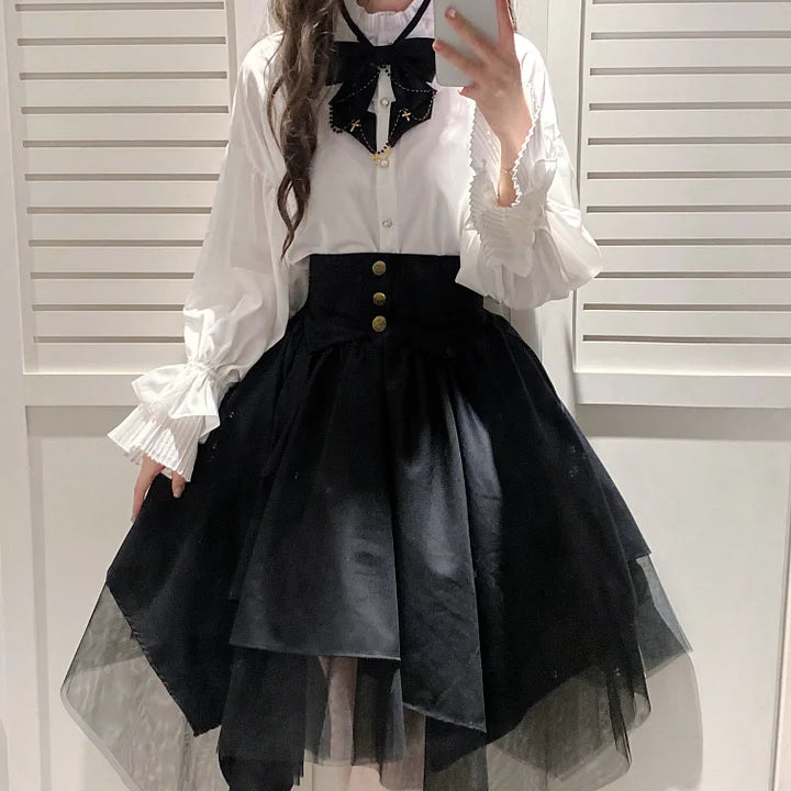 Goth Lolita Vintage White Black Irregular Set Dresses for Autumn