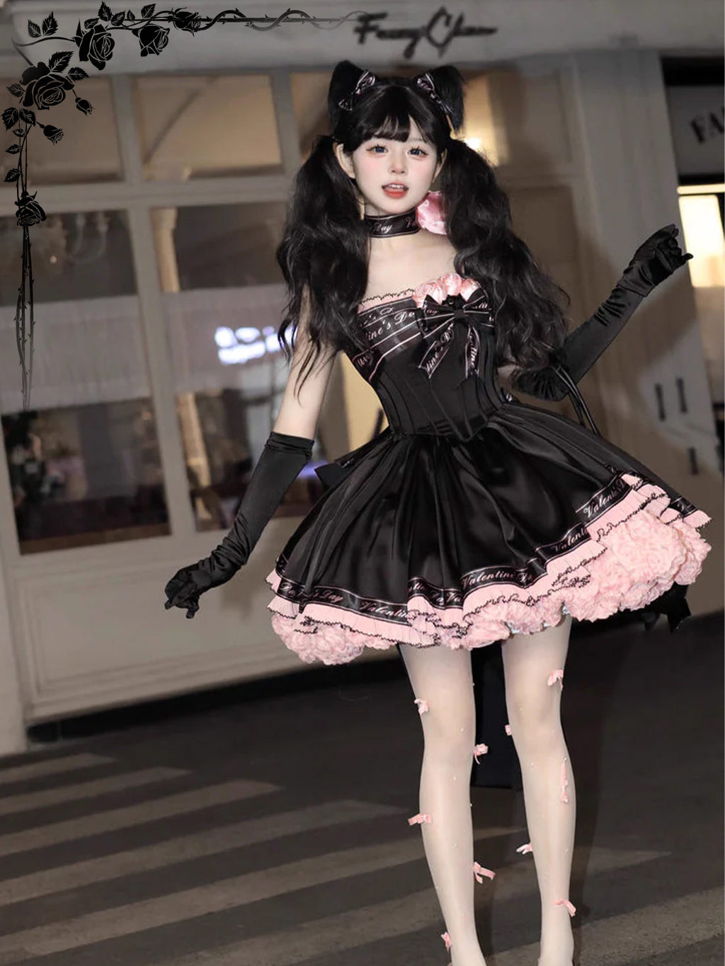 Sweet Lolita Black Pink Princess Ball Gown Ballet Short Strap Dress for Party