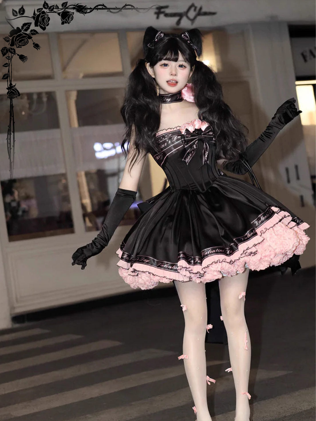 Sweet Lolita Black Pink Princess Ball Gown Ballet Short Strap Dress for Party
