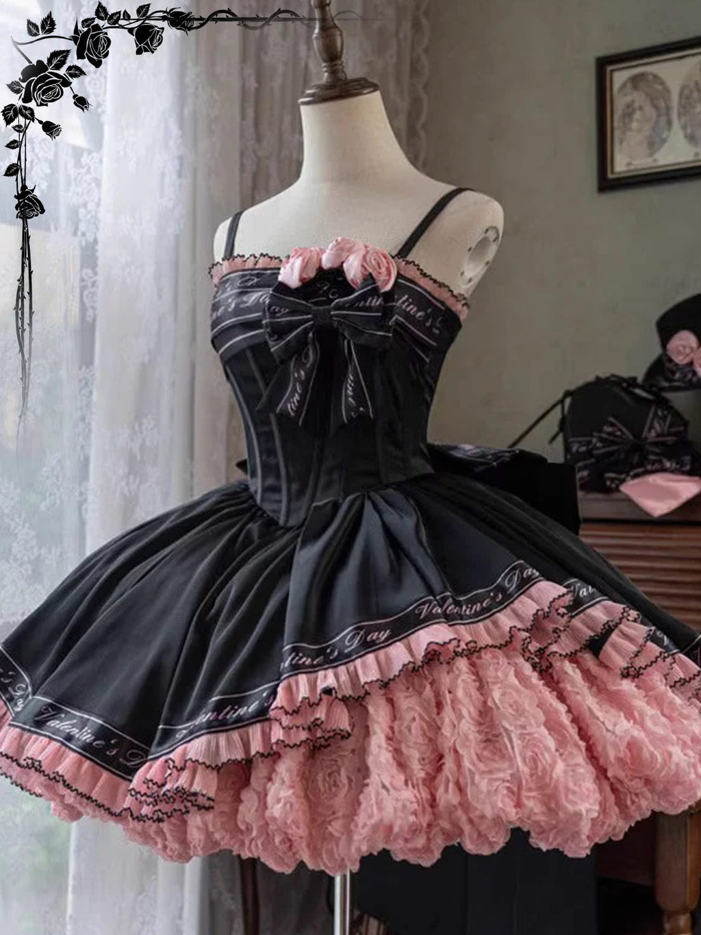 Sweet Lolita Black Pink Princess Ball Gown Ballet Short Strap Dress for Party