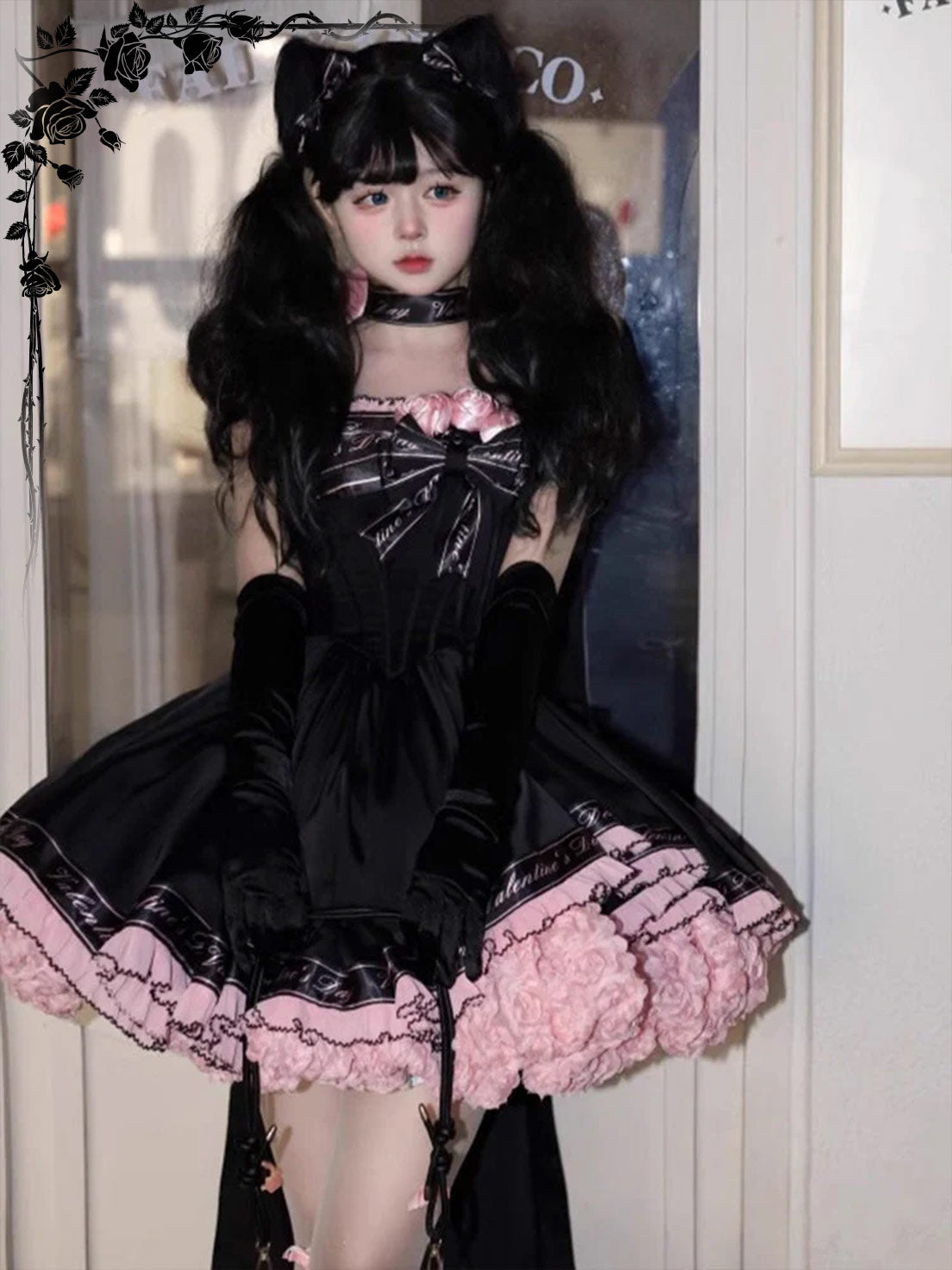 Sweet Lolita Black Pink Princess Ball Gown Ballet Short Strap Dress for Party